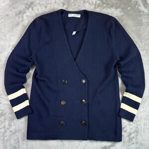 Vintage St John Knit Cardigan Navy Double Breasted Striped Sleeve USA Womens 4